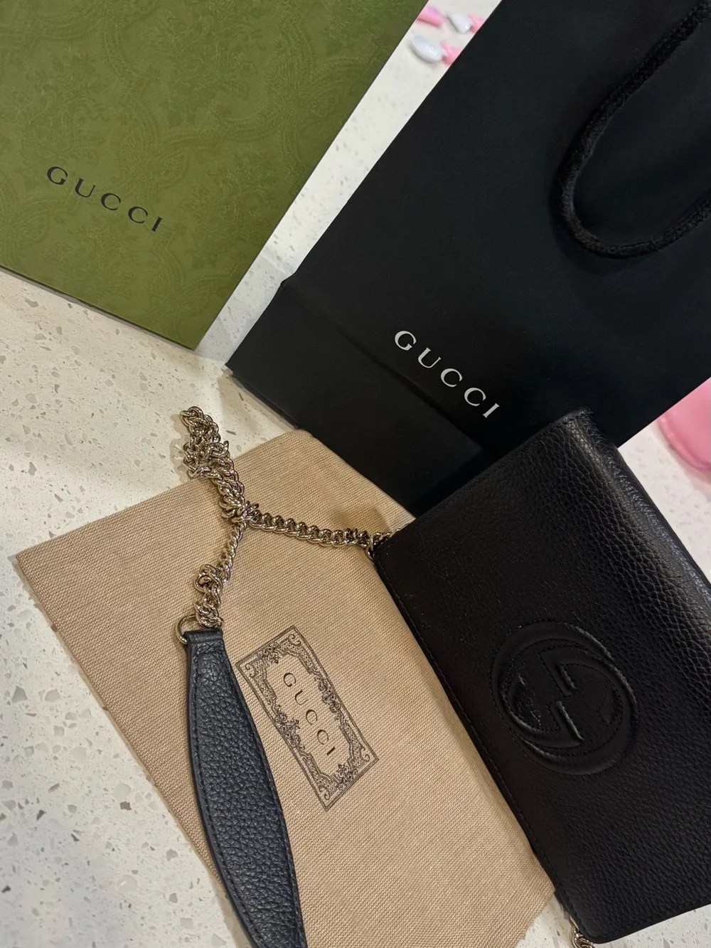 Gucci Black Leather Chain Wristlet Wallet